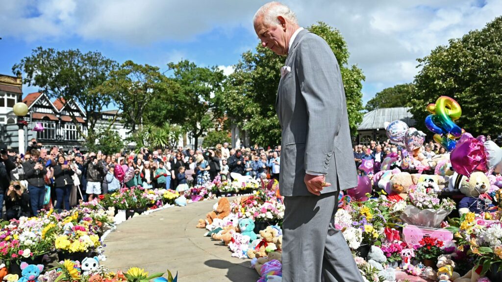 King visibly moved as he met Southport survivors – and troubled by unrest that followed attack