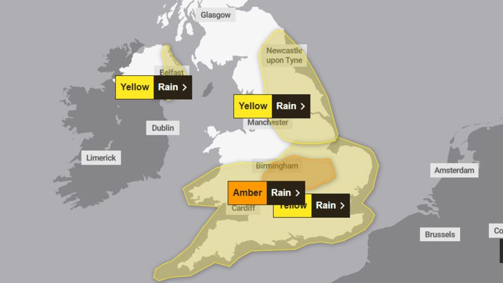 Amber warning for heavy rain issued – with ‘rivers continuing to rise’