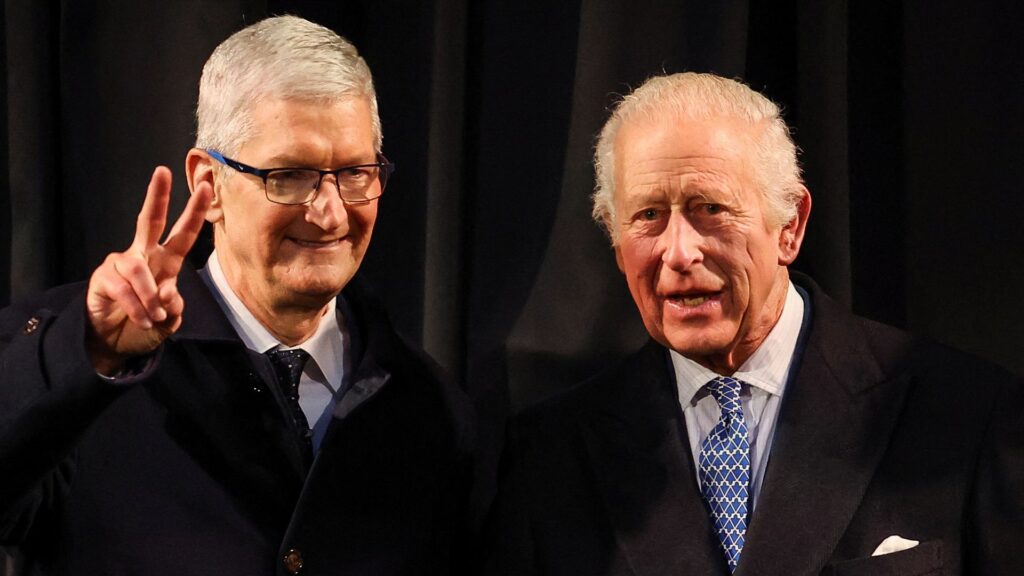 King receives royal welcome from Tim Cook and learns about AI at Apple’s London HQ