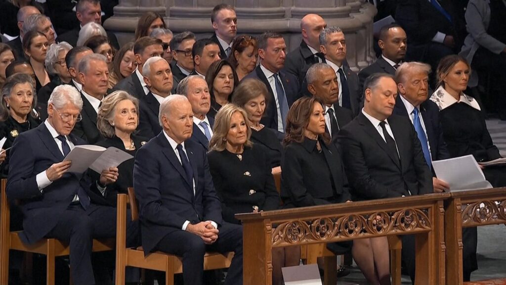 All five living US presidents pictured together at funeral of Jimmy Carter